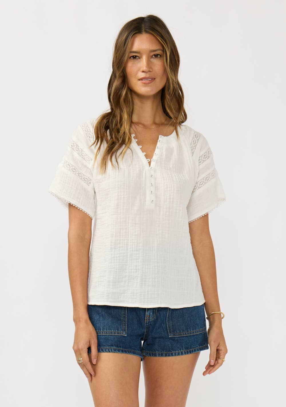 Half Button Front Gauze Top with Lace Trims