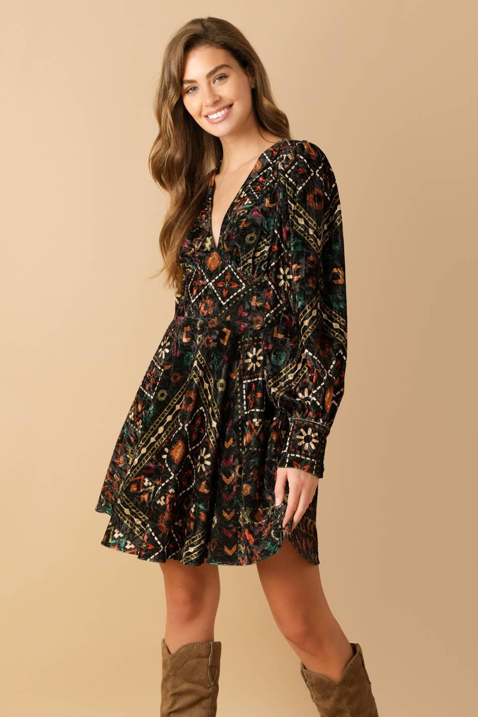 A printed woven velvet mini dress - ID21616