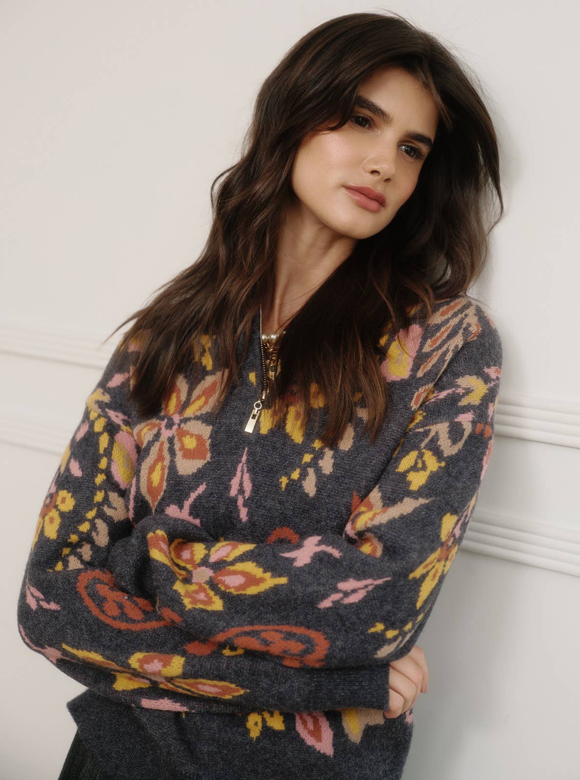 Floral Jacquard Zip Sweater