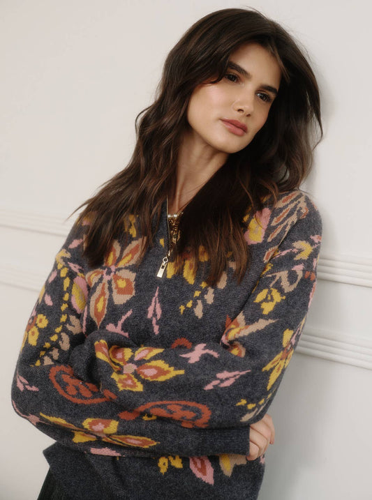 Floral Jacquard Zip Sweater