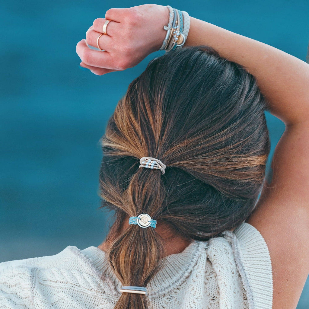 "Wonder" Soft Creams & Blues with Pearls & Gold Hair Tie Bracelets