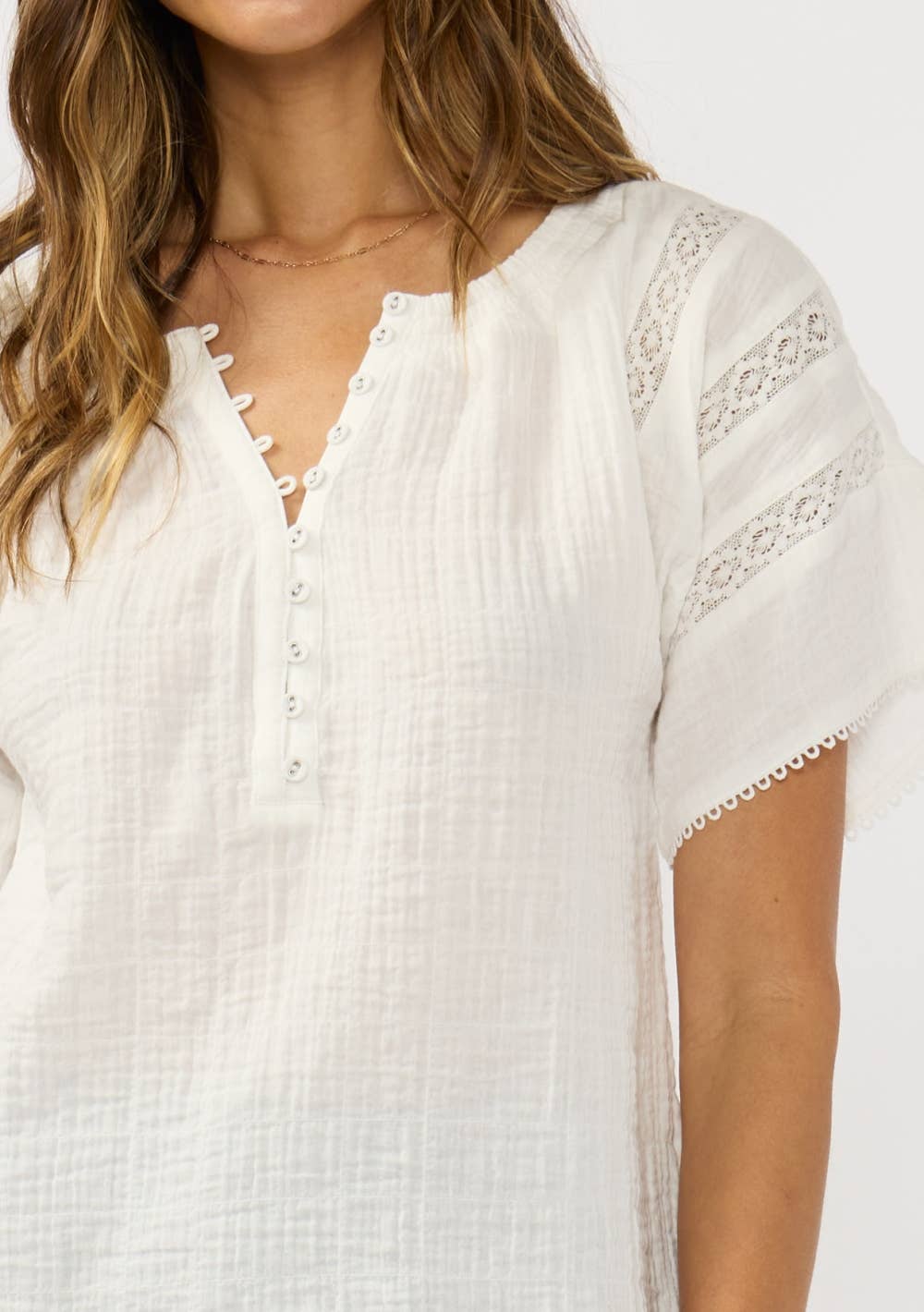 Half Button Front Gauze Top with Lace Trims