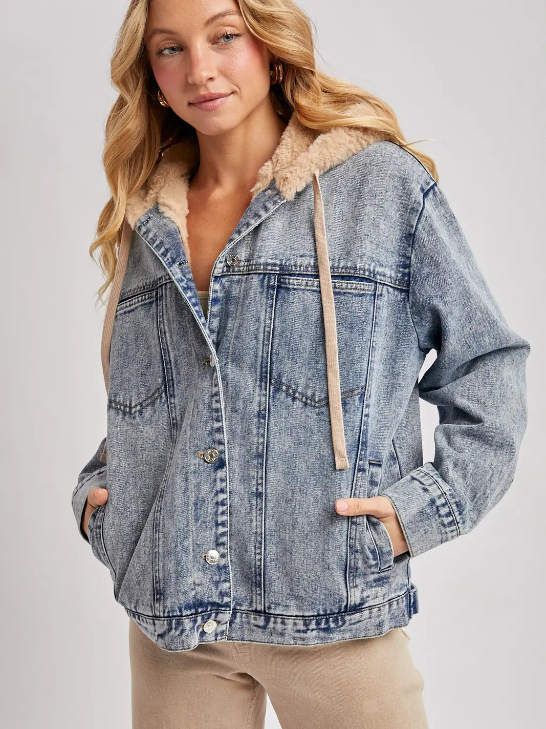 Button Down Faux Fur  Hooded Denim Jacket