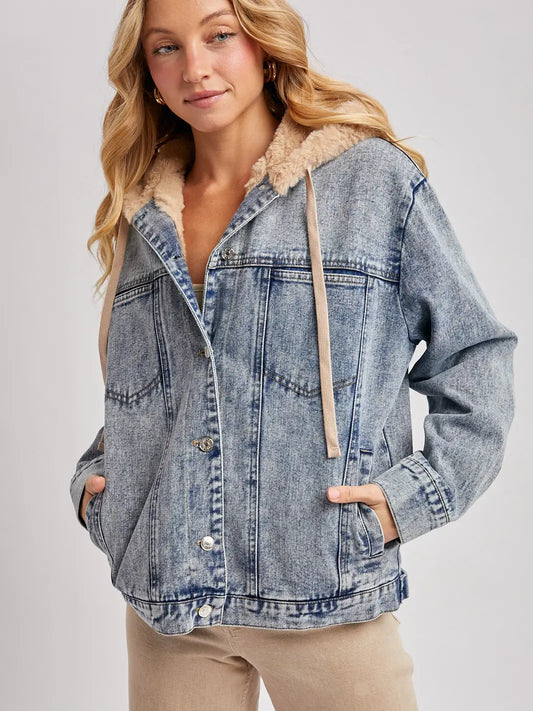 Button Down Faux Fur  Hooded Denim Jacket