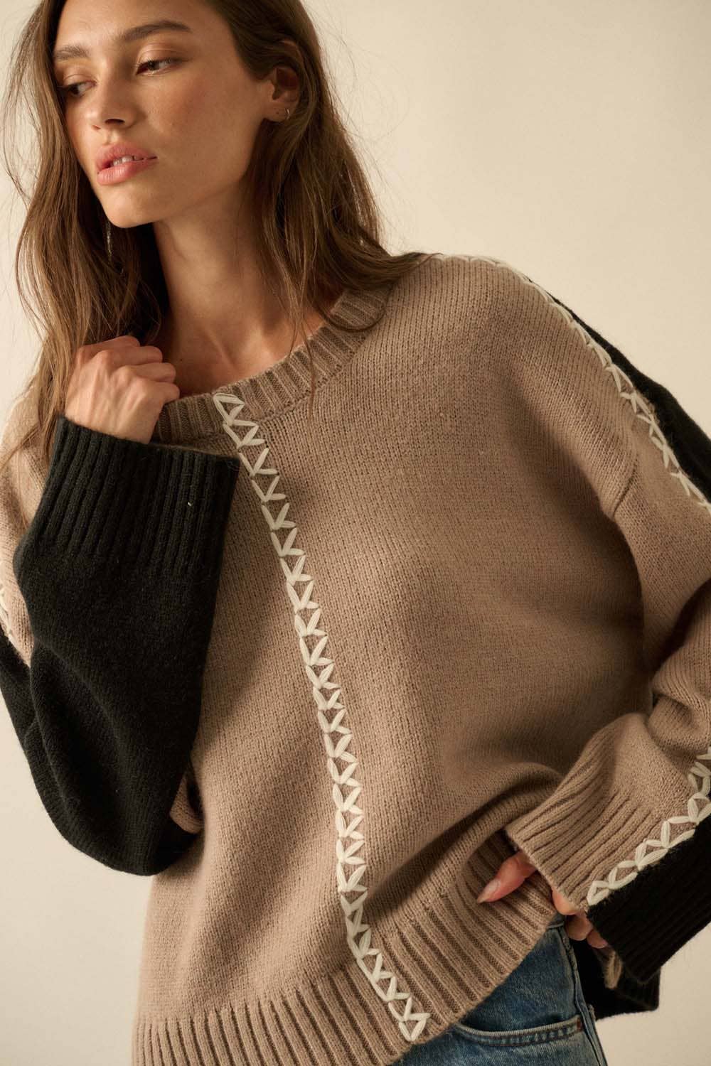 Colorblock Knit Stitched Loose-Fit Sweater
