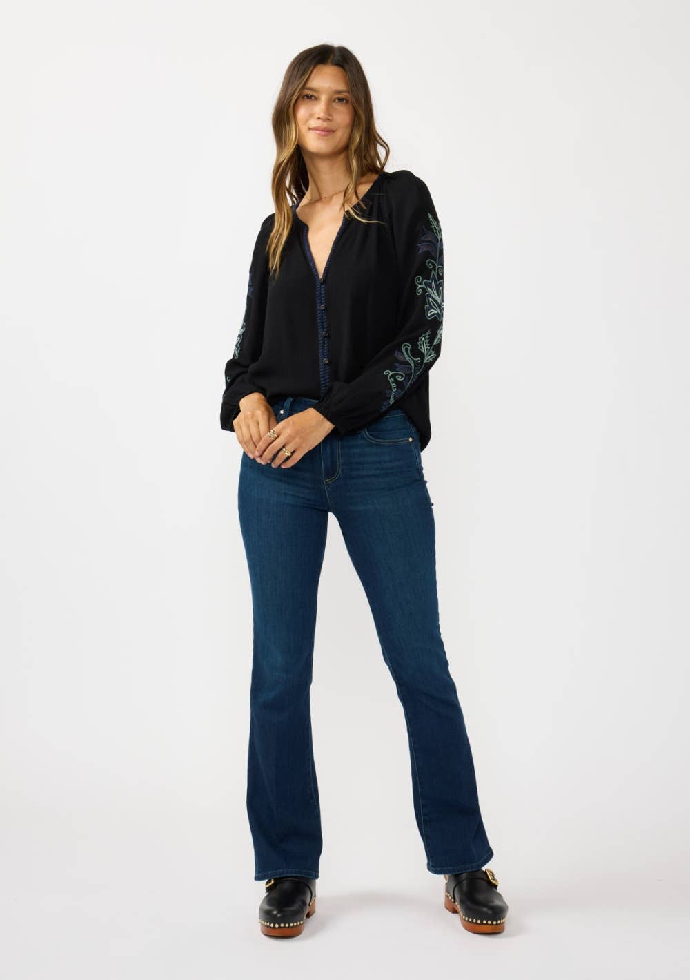 Embroidered Sleeve Button Down Blouse