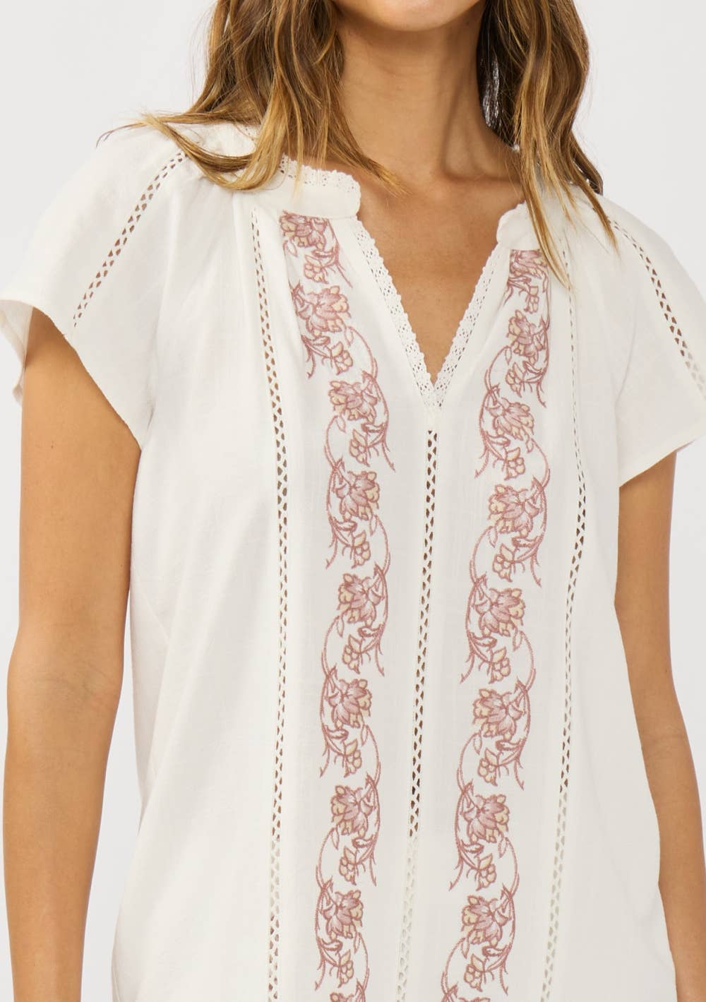 Flutter Sleeve Embroidered Split Neck Top