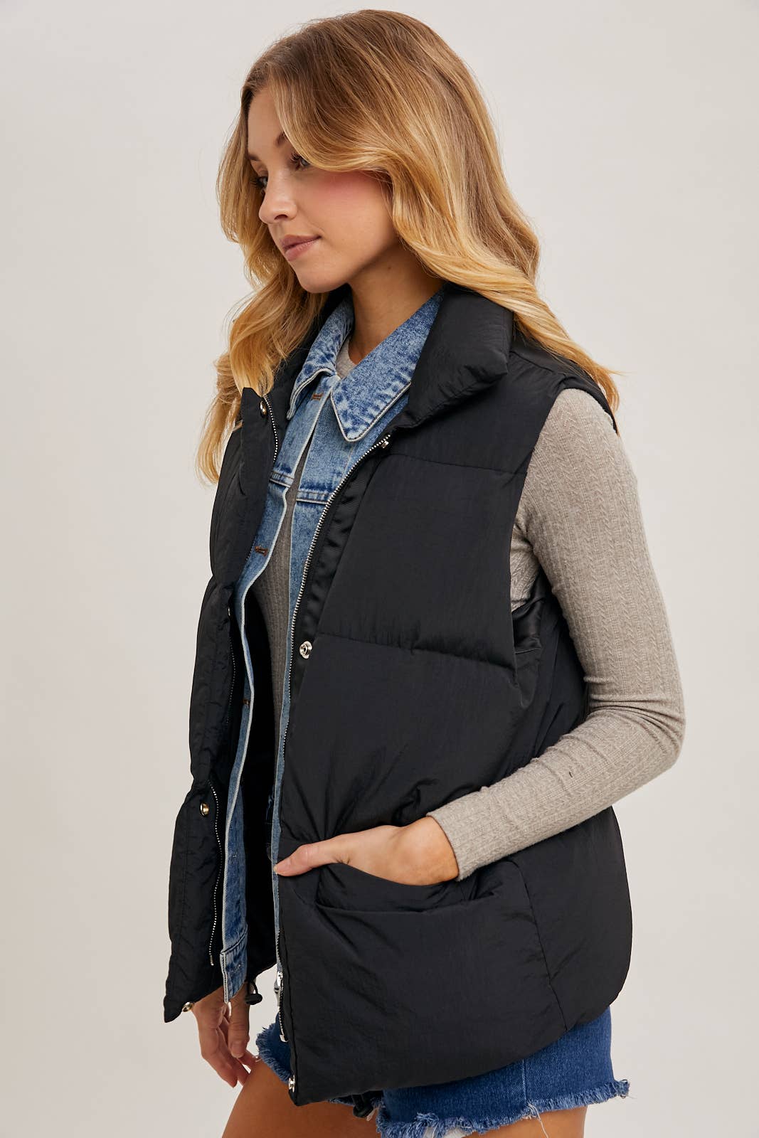 DENIM LAYERED PUFFER VEST