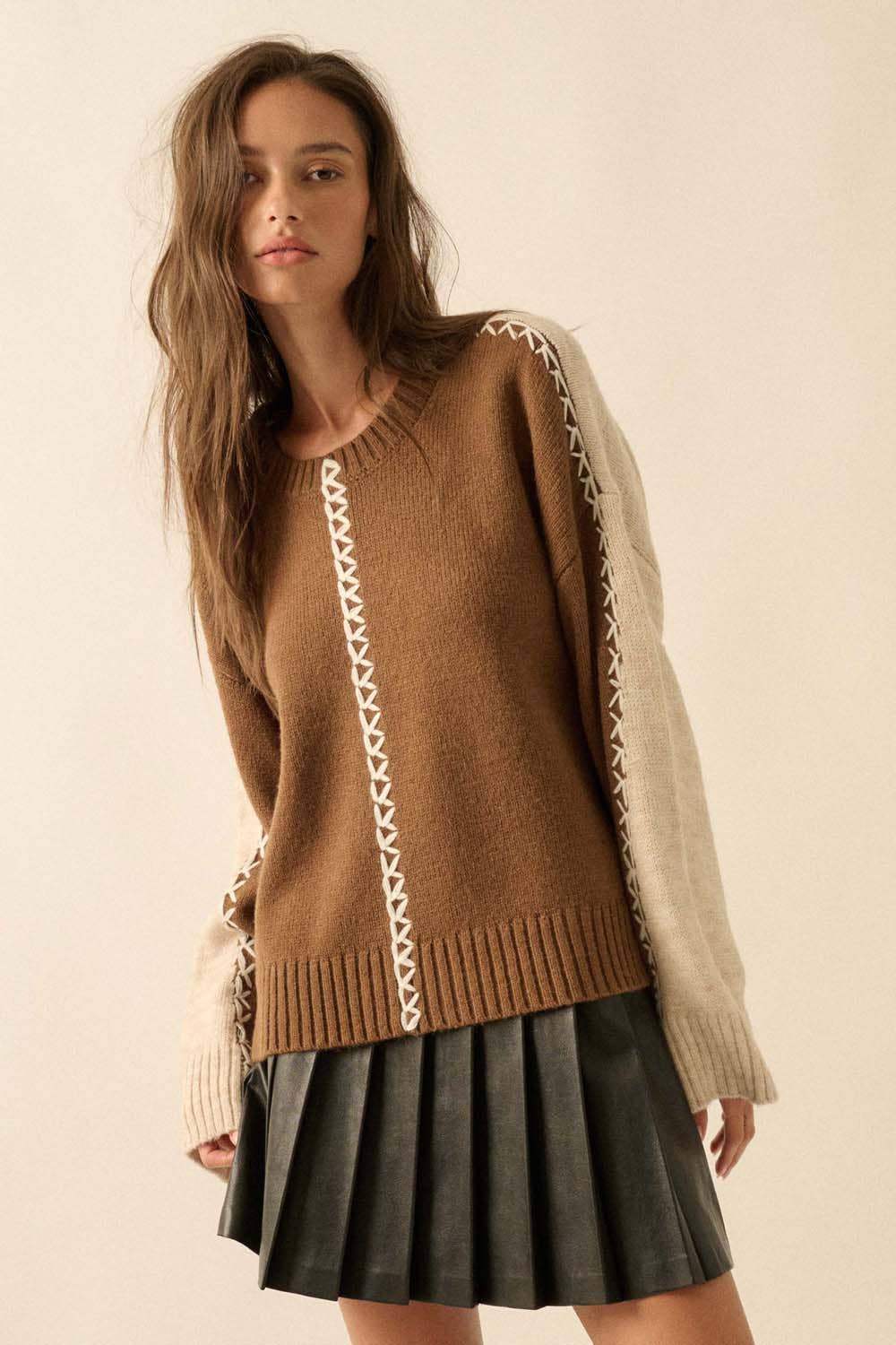 Colorblock Knit Stitched Loose-Fit Sweater