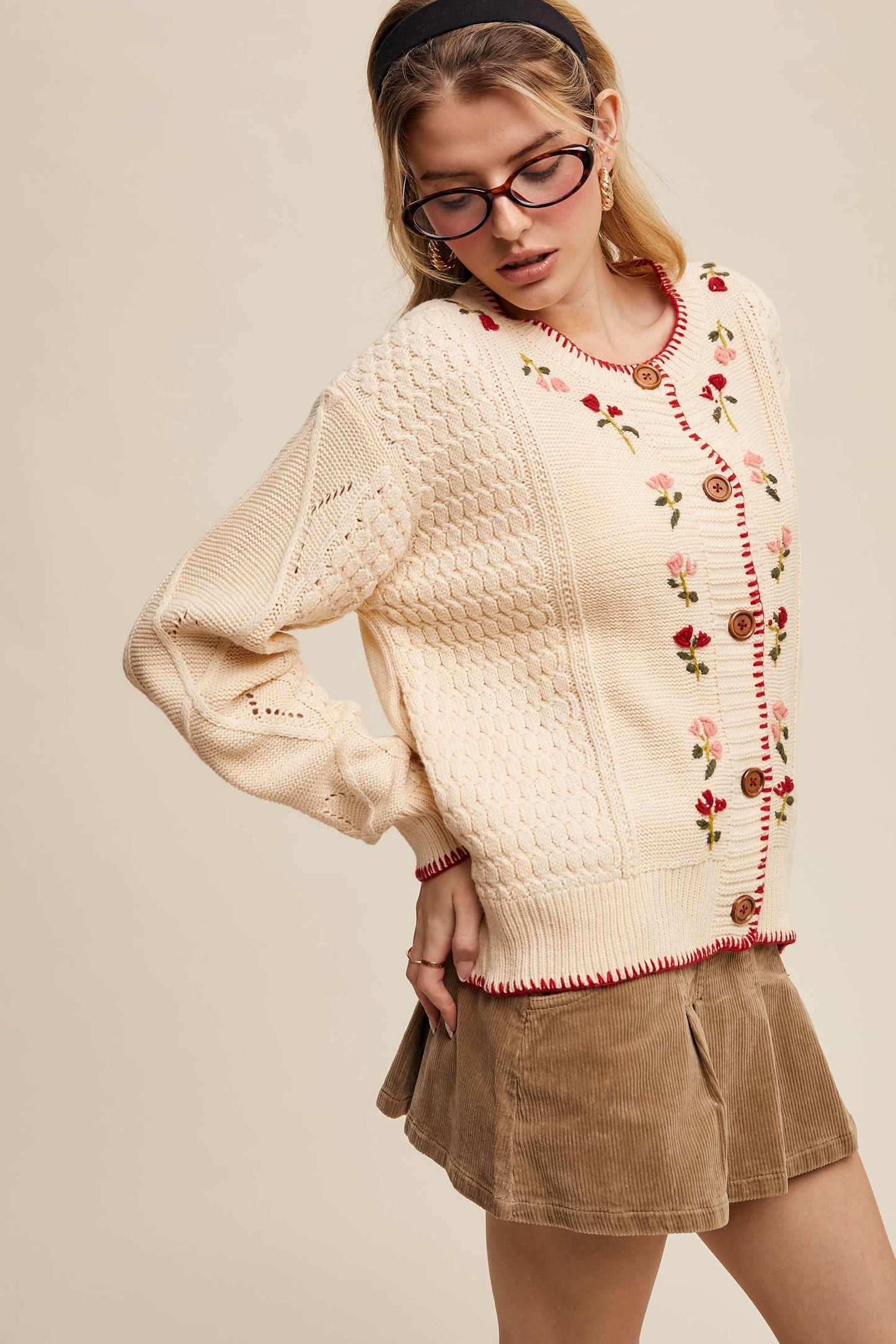 5678 Floral Embroidered Button-Up Cardigan