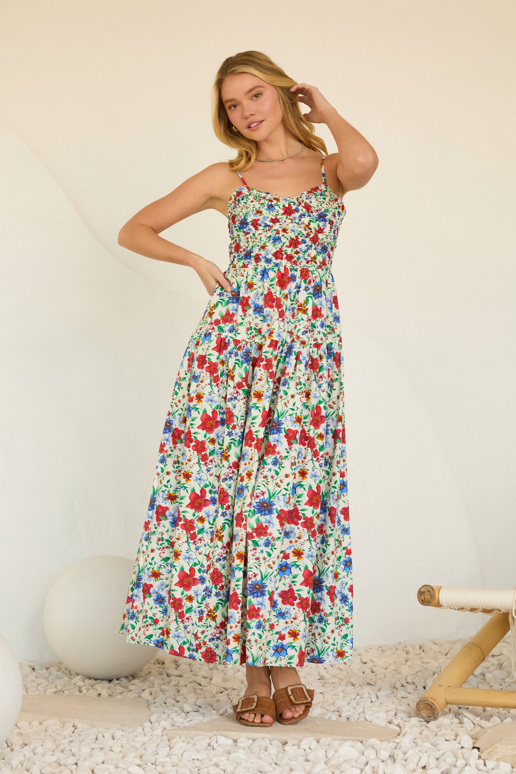 Floral Print Maxi Dress with Smocked Bust