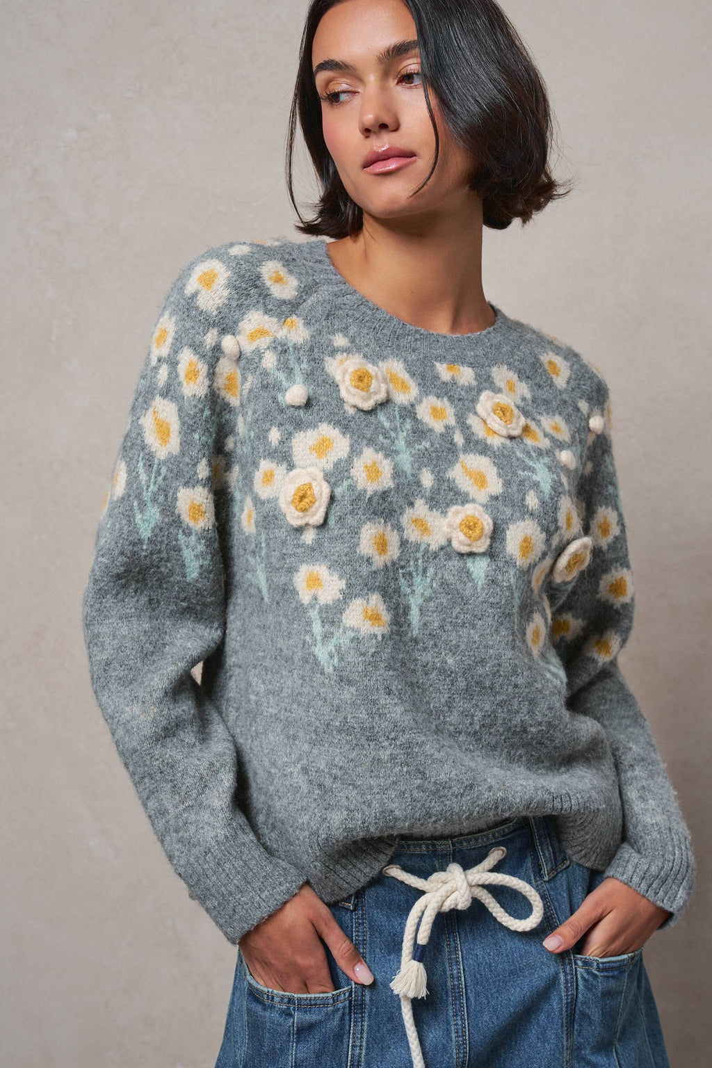 Daisy Embossed 3D Floral Knit Sweater
