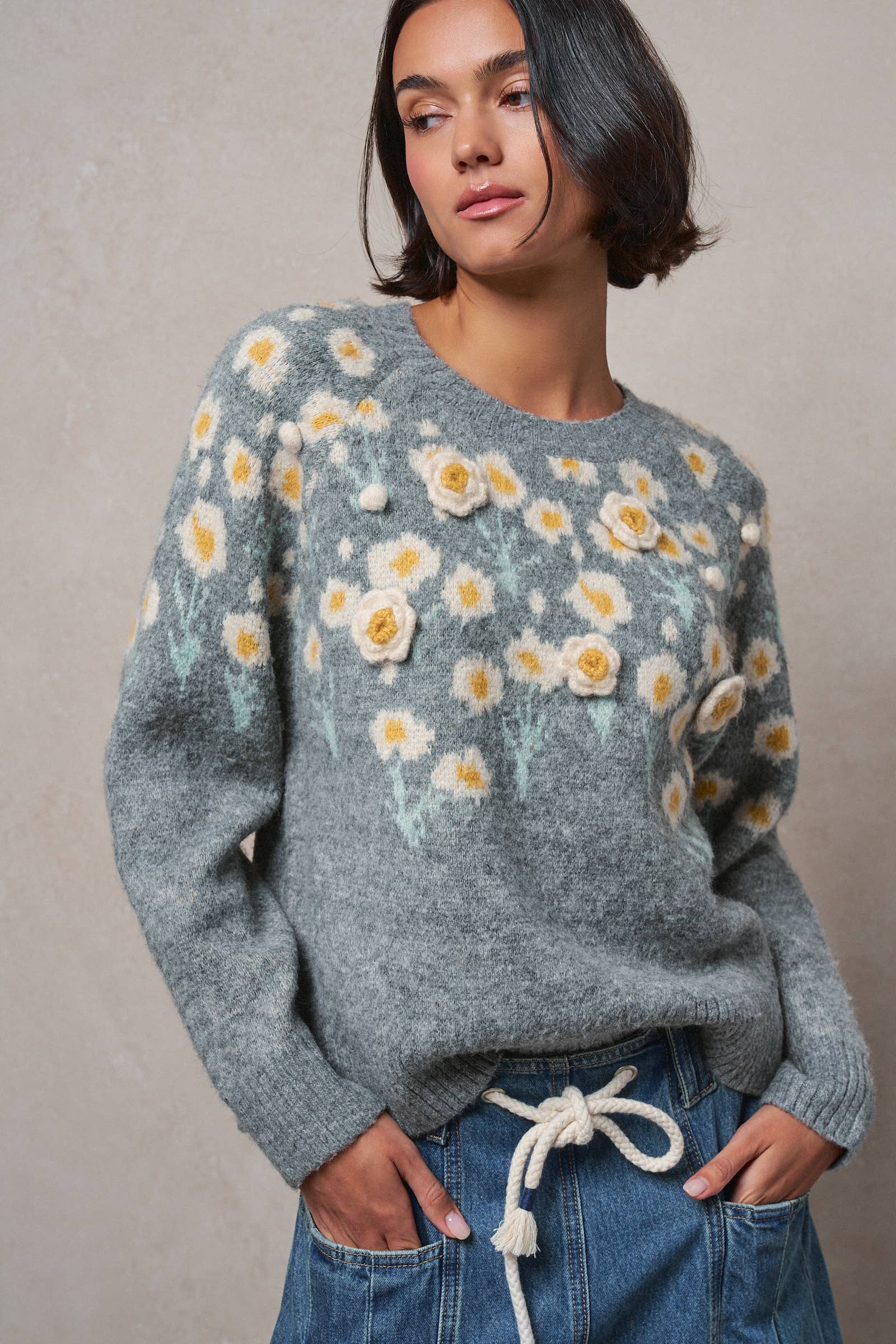 Daisy Embossed 3D Floral Knit Sweater