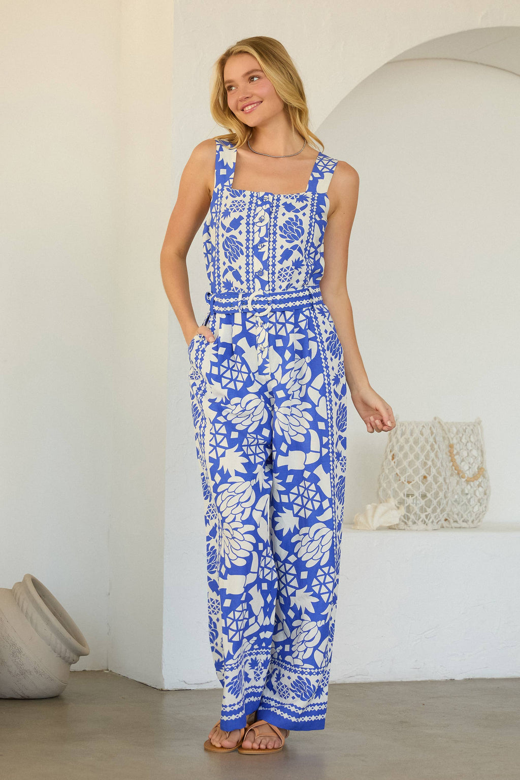 Border Print Button Front Jumpsuit with Belt