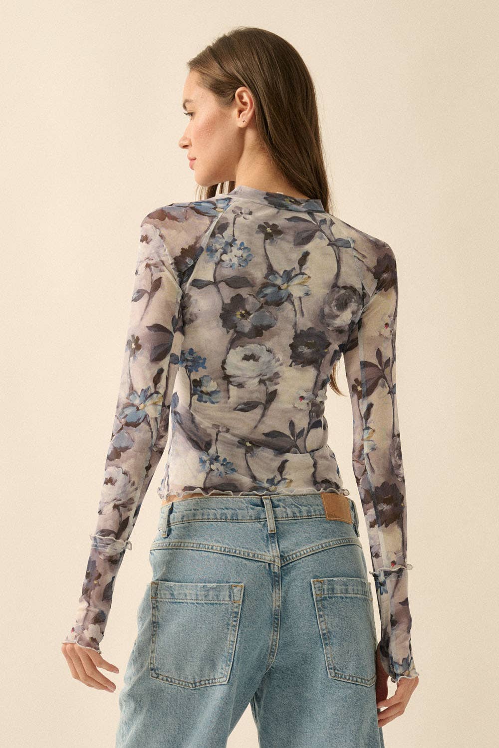 Floral Mesh Raglan-Sleeve Mock-Neck Thumbhole Top
