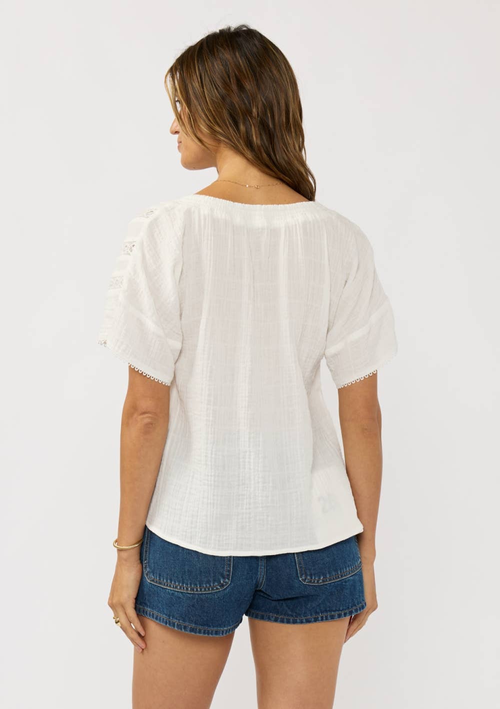 Half Button Front Gauze Top with Lace Trims