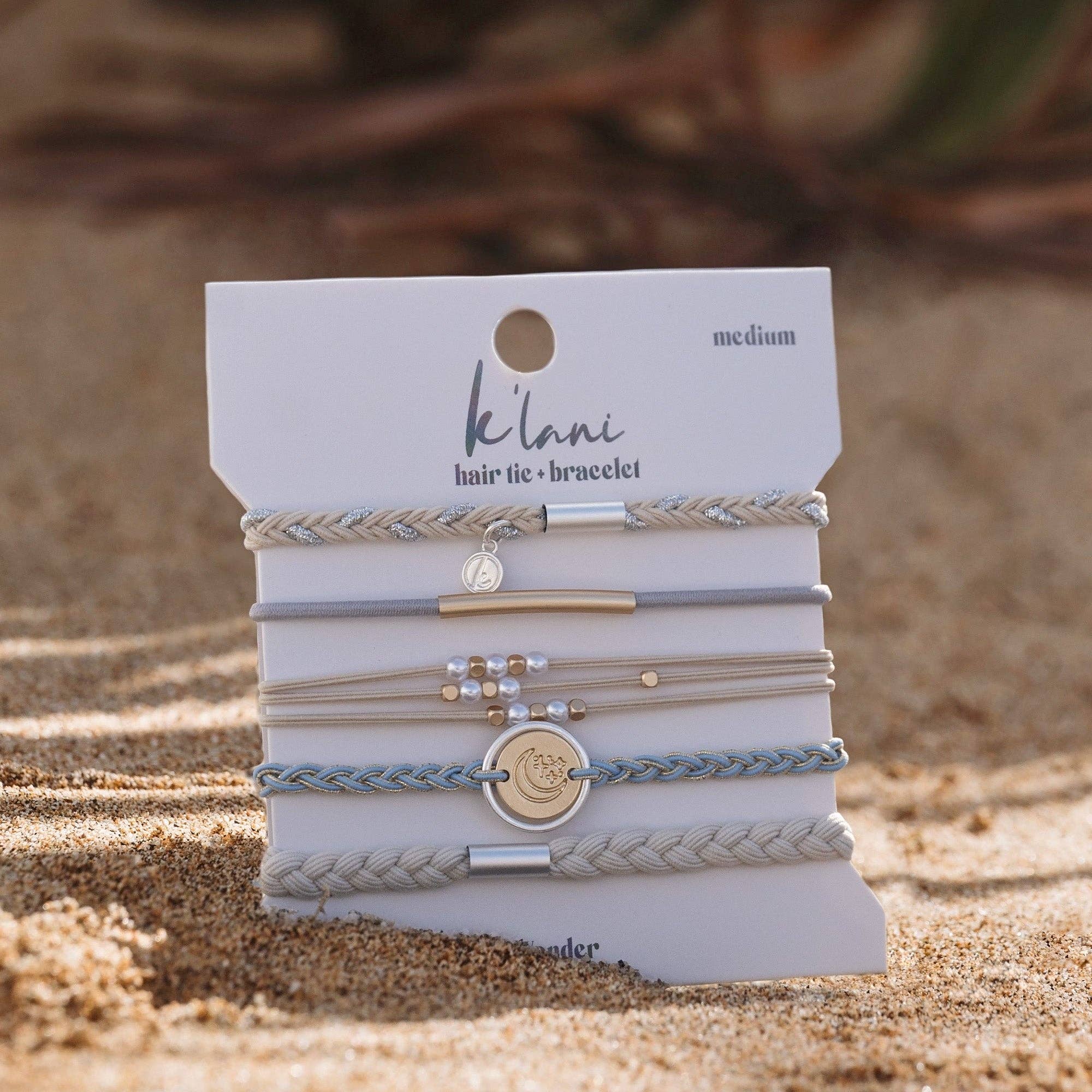 "Wonder" Soft Creams & Blues with Pearls & Gold Hair Tie Bracelets