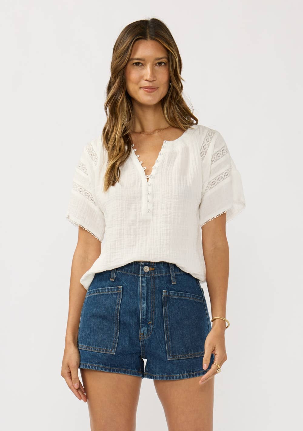 Half Button Front Gauze Top with Lace Trims