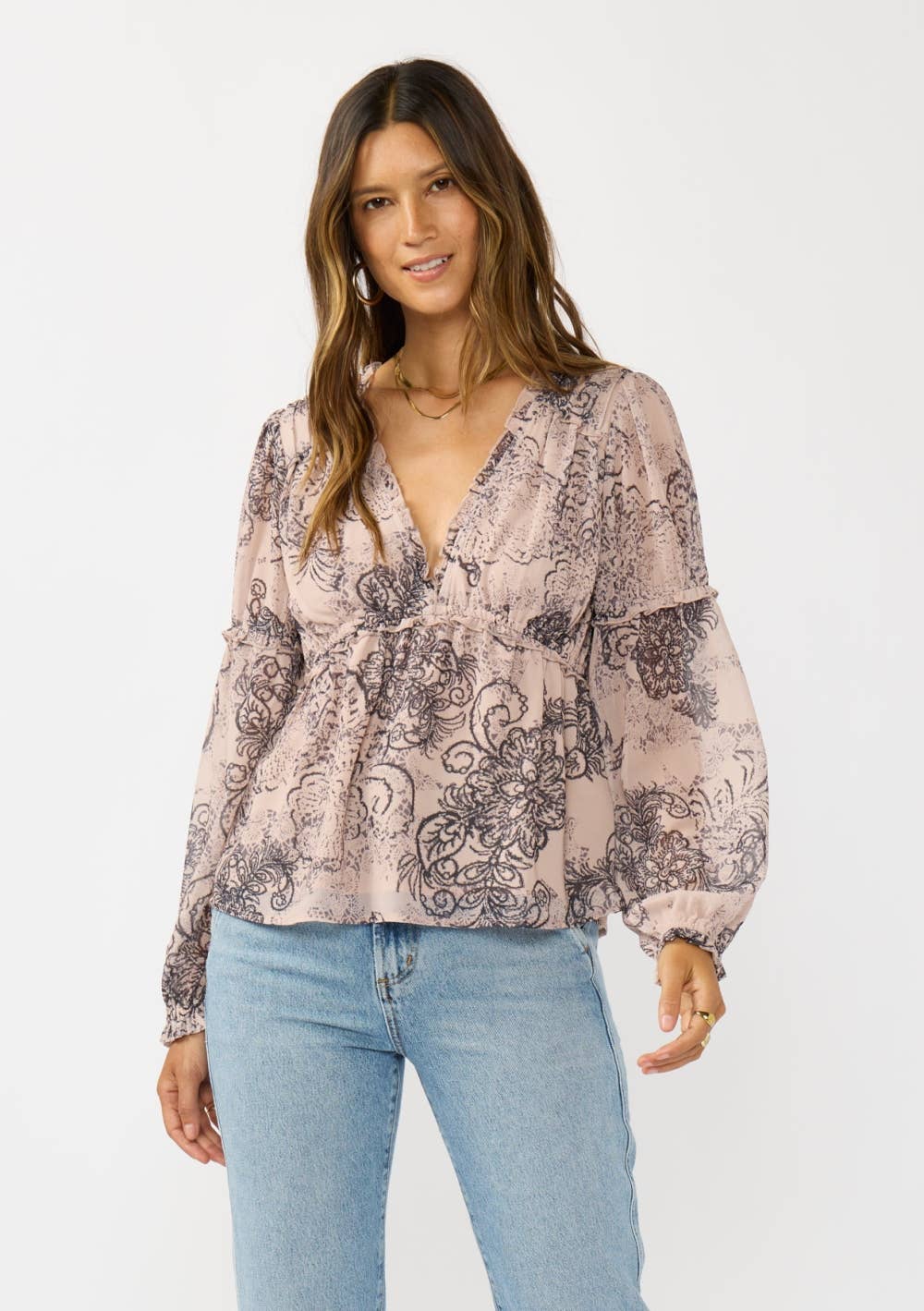Gathered Ruffle V-Neck Blouse