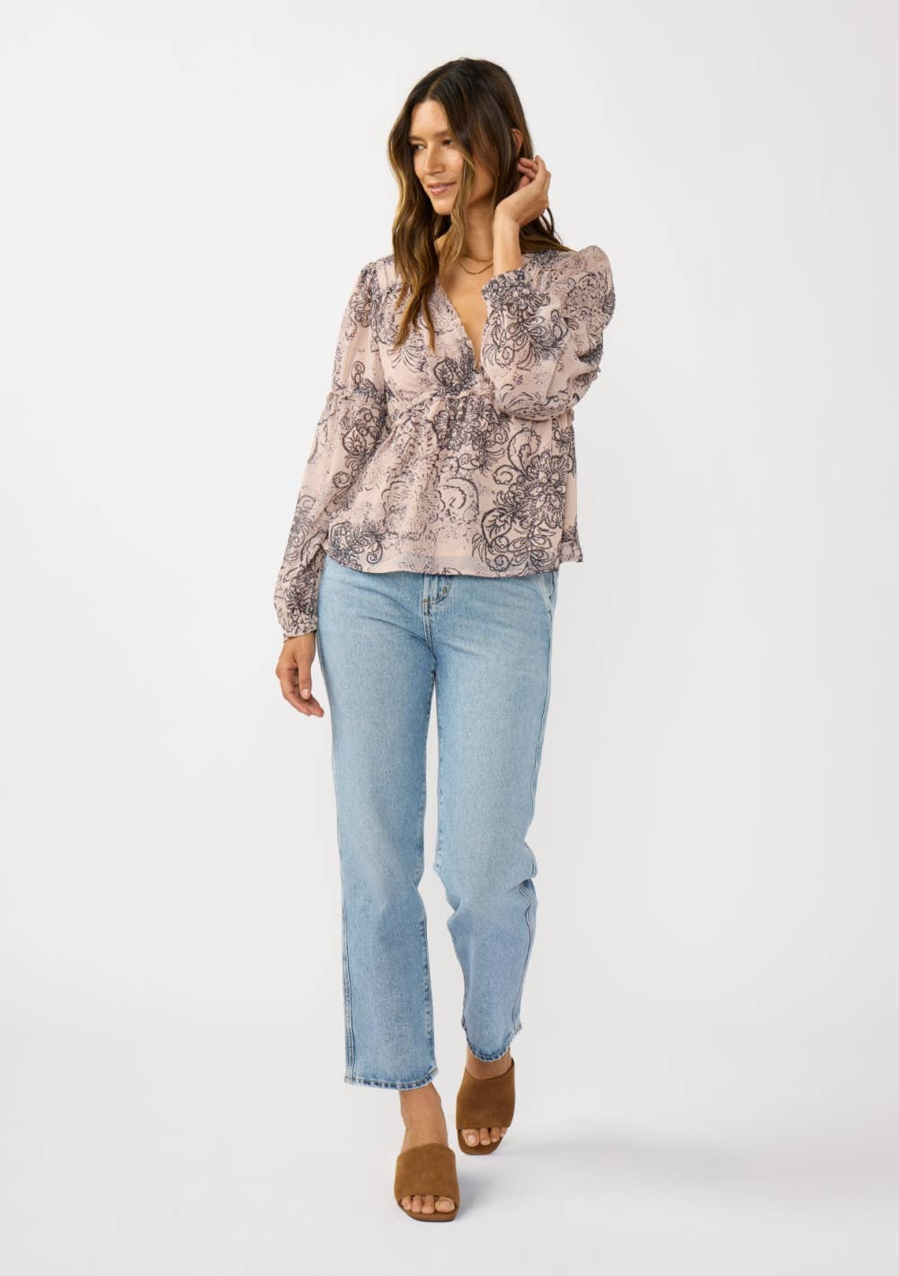 Gathered Ruffle V-Neck Blouse