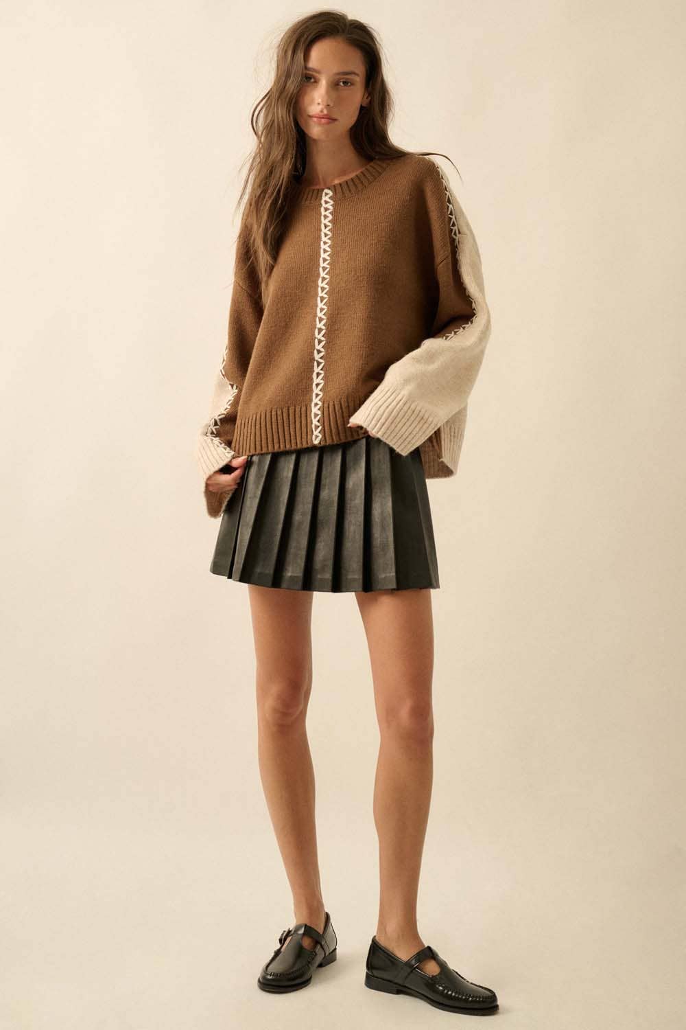 Colorblock Knit Stitched Loose-Fit Sweater