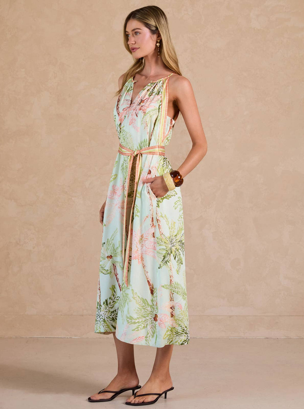 Tropical Printed Halter Midi Dress
