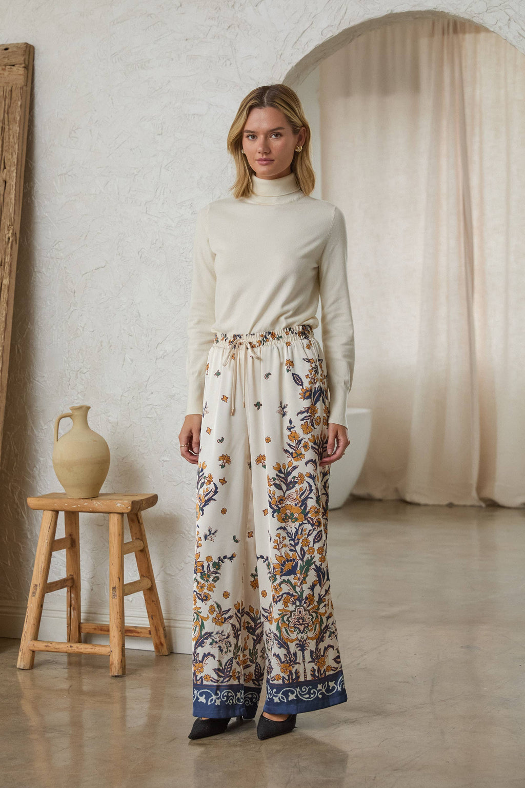 Floral Border Print Satin Pants