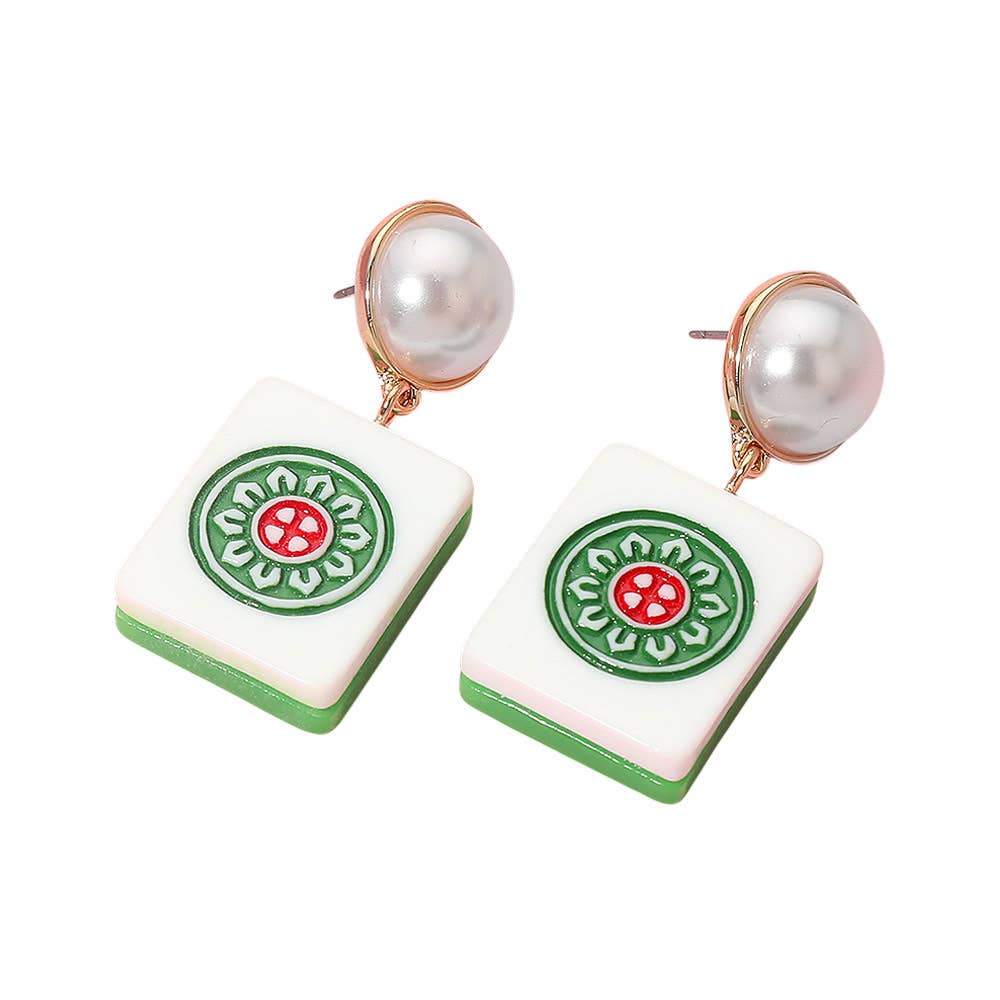 Pearl Accent Mahjong Tile Drop Earrings