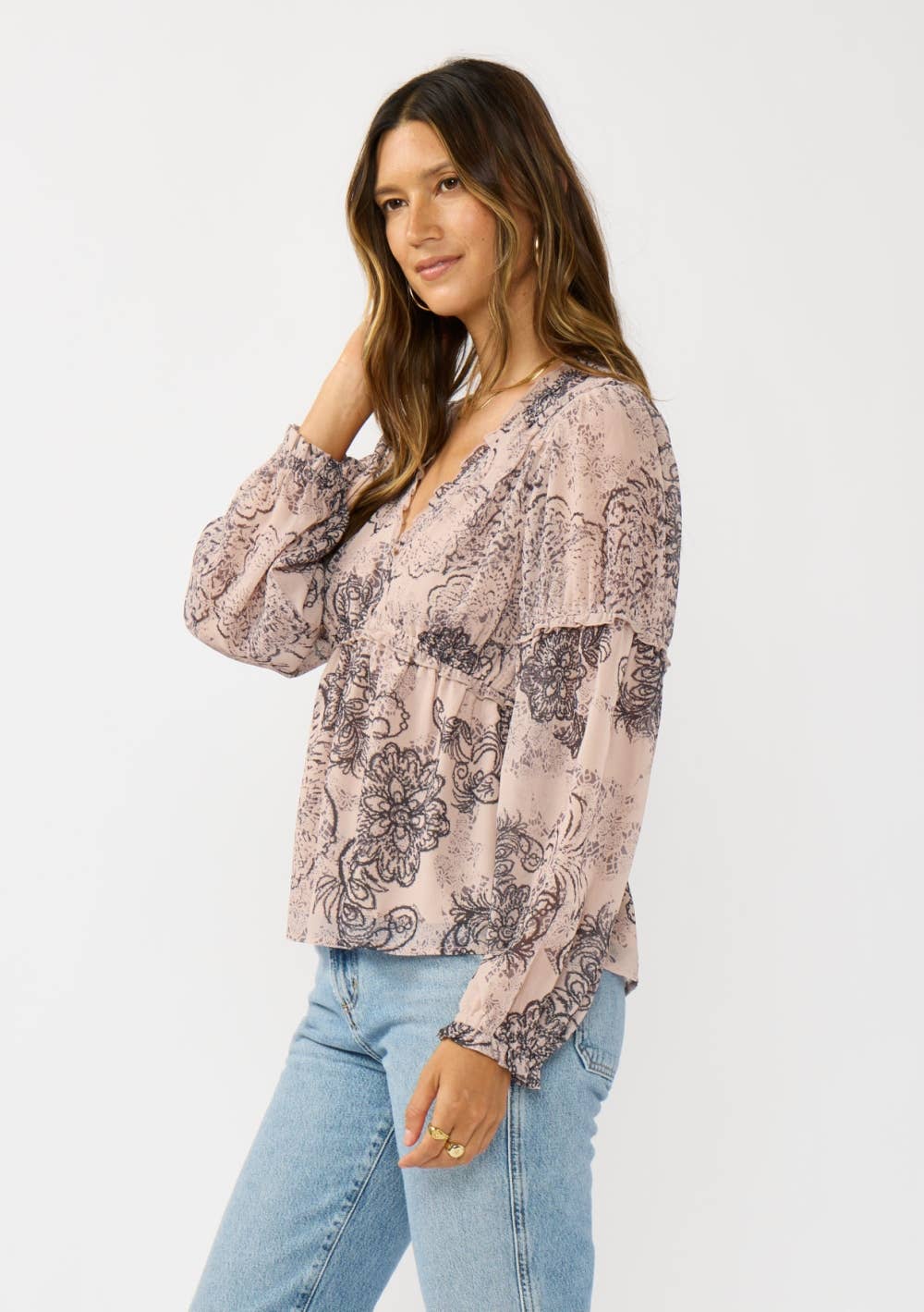 Gathered Ruffle V-Neck Blouse