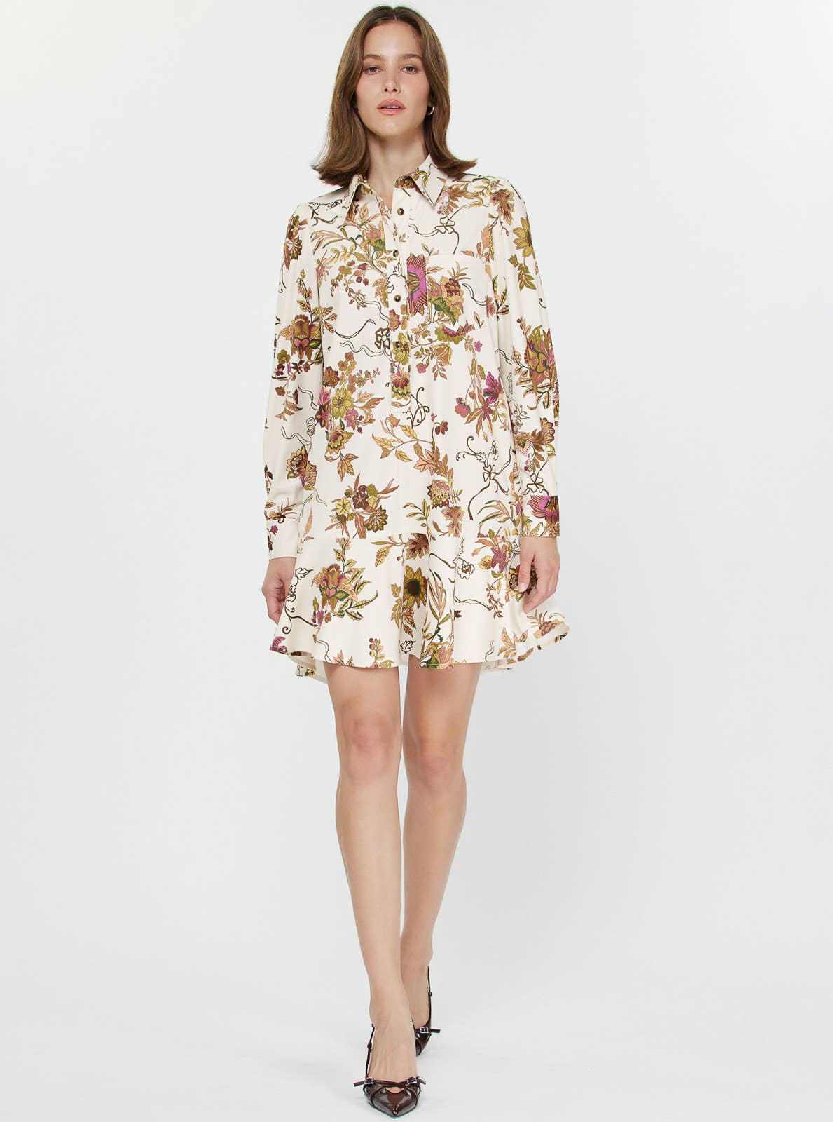 Floral Printed Shirt Collar Mini Dress