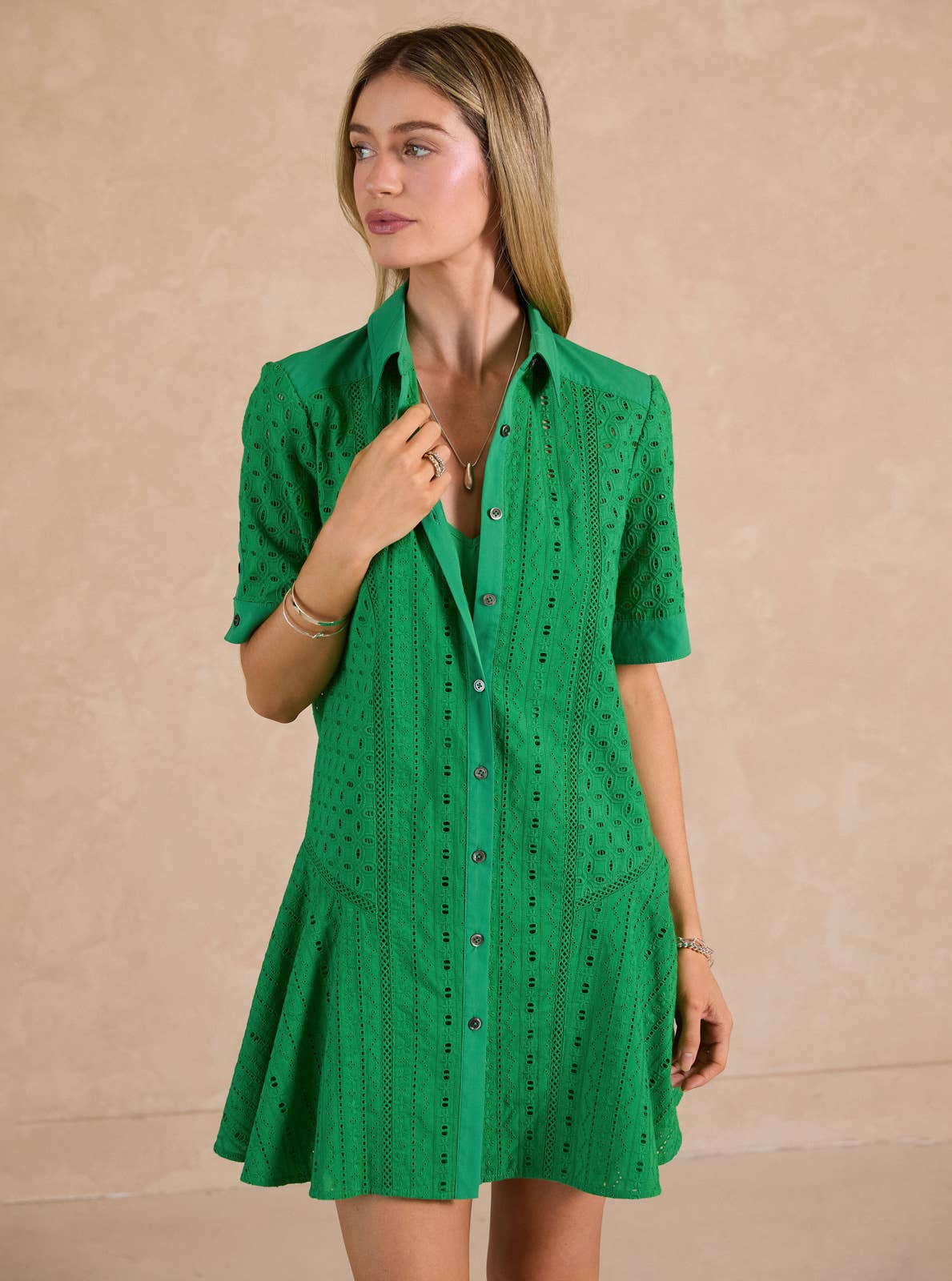 Eyelet Embroidered Button-down Mini Dress