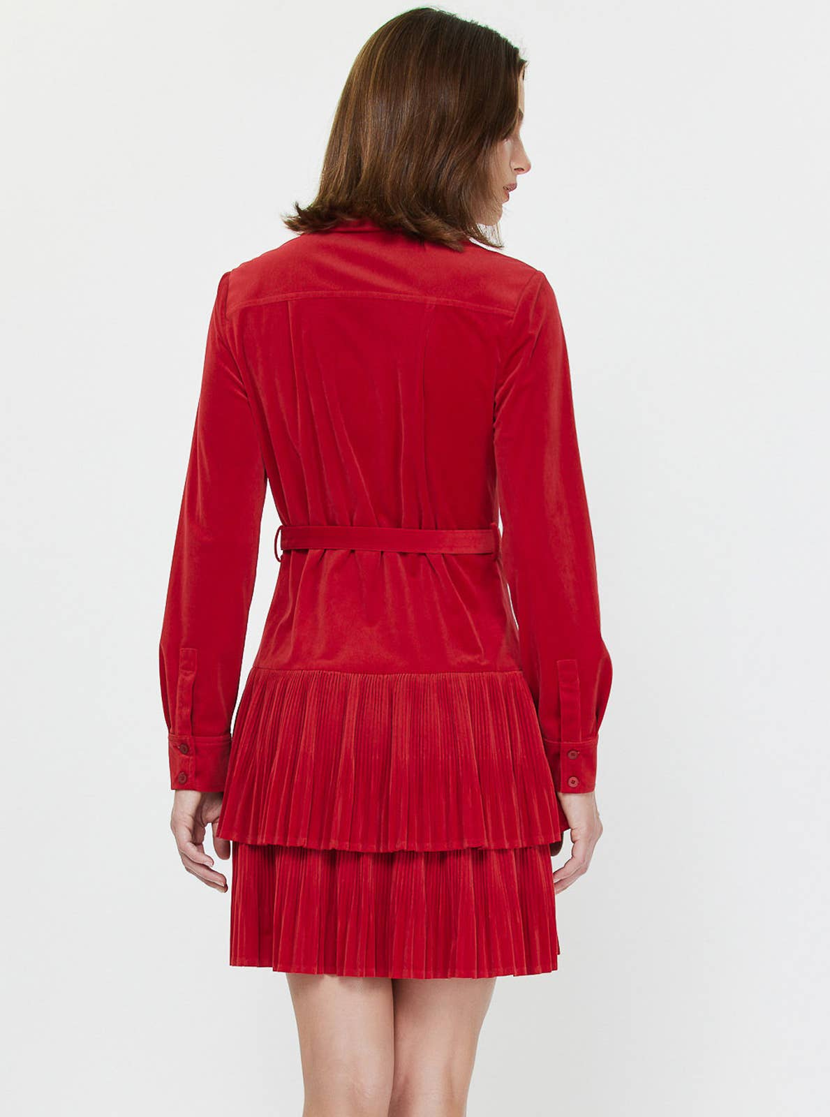 Velvet Pleated Tiered Shirt Mini Dress