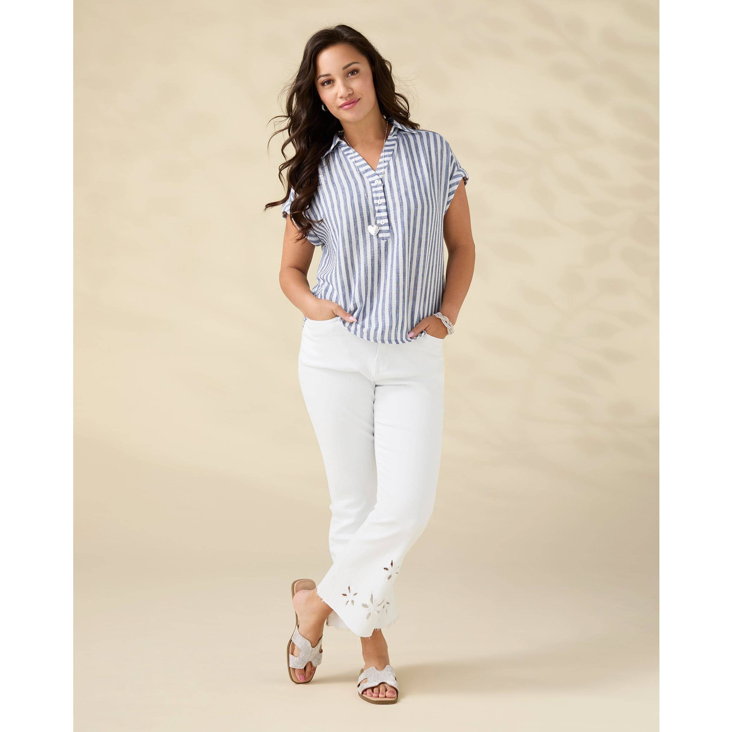 Reagan Cap Sleeve Striped Collared Top
