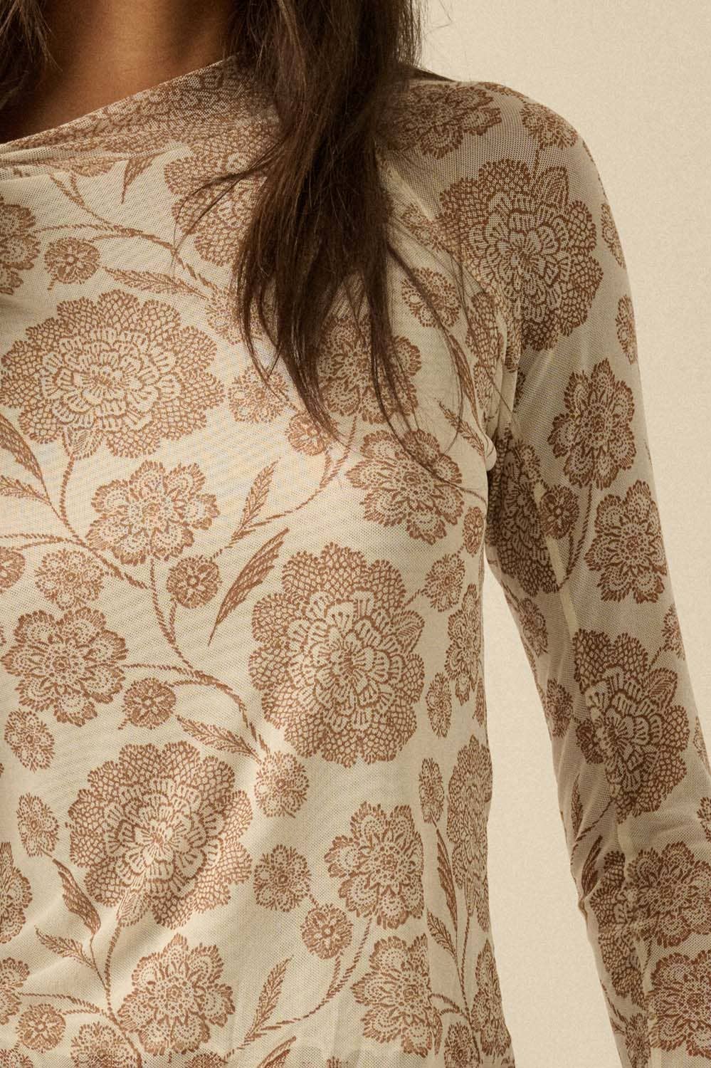 Floral-Print Mesh Mock-Neck Raglan Top