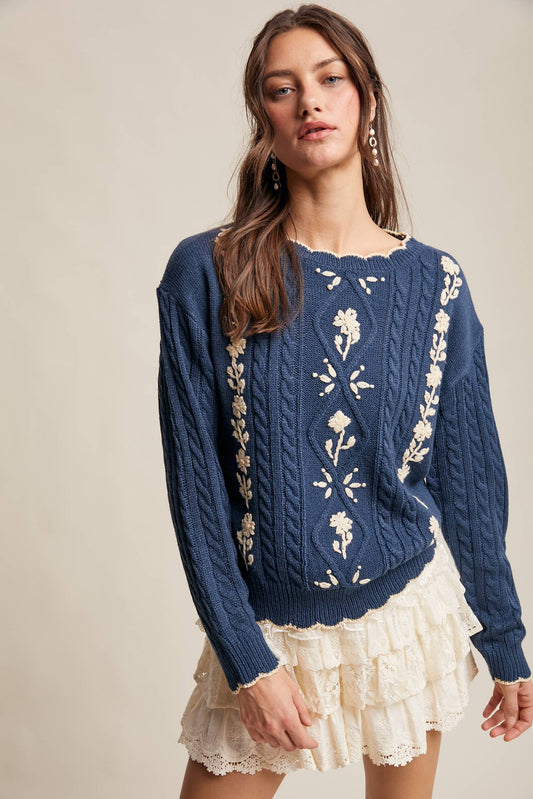 Floral Embroidered Cable Knit Sweater