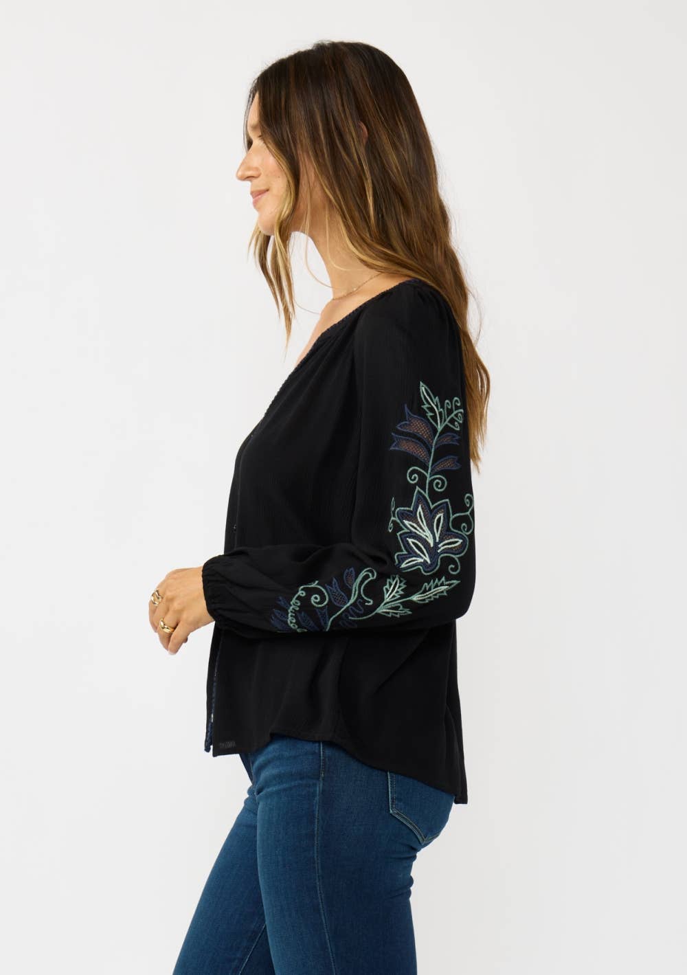 Embroidered Sleeve Button Down Blouse