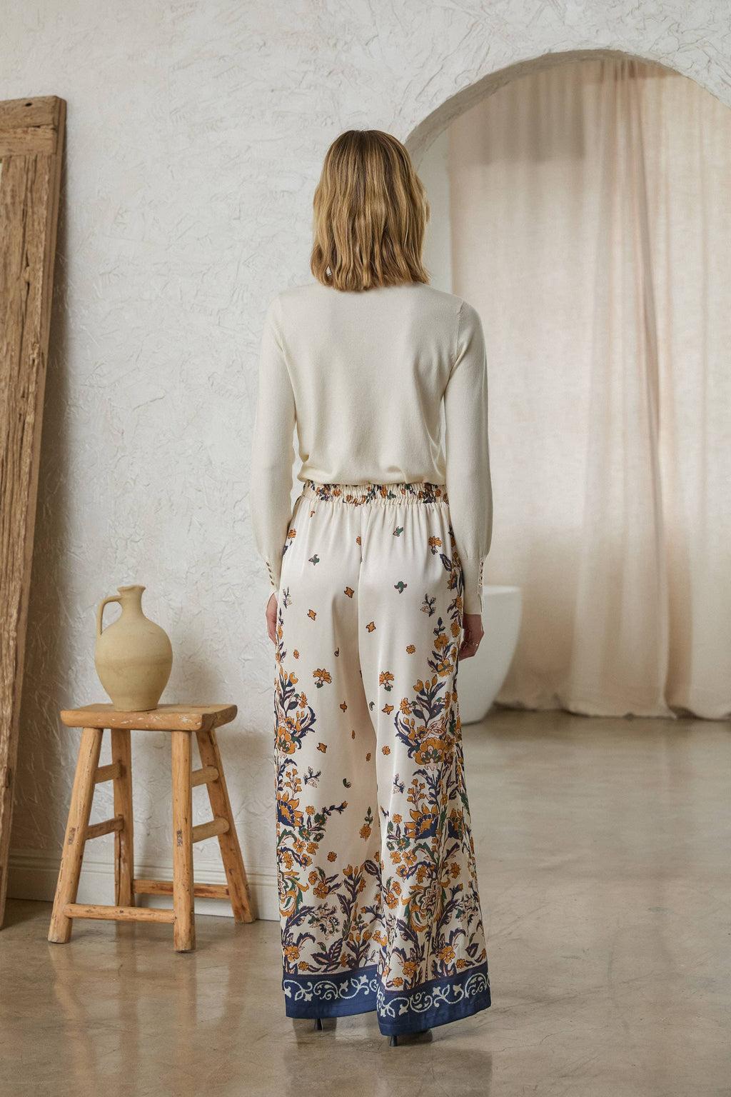 Floral Border Print Satin Pants
