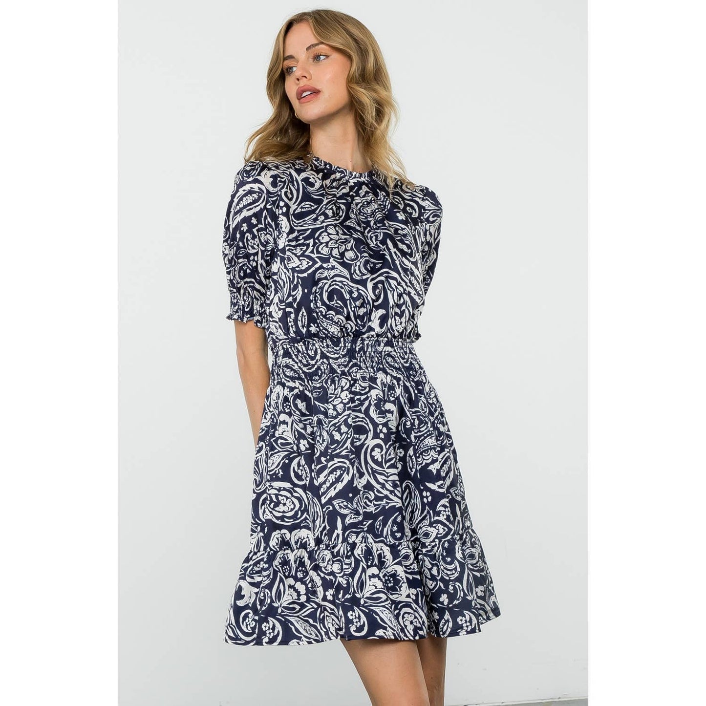 Navy Short Sleeve Smocked Waist Dress with Leaf Print