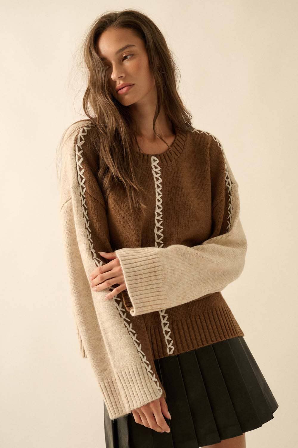 Colorblock Knit Stitched Loose-Fit Sweater