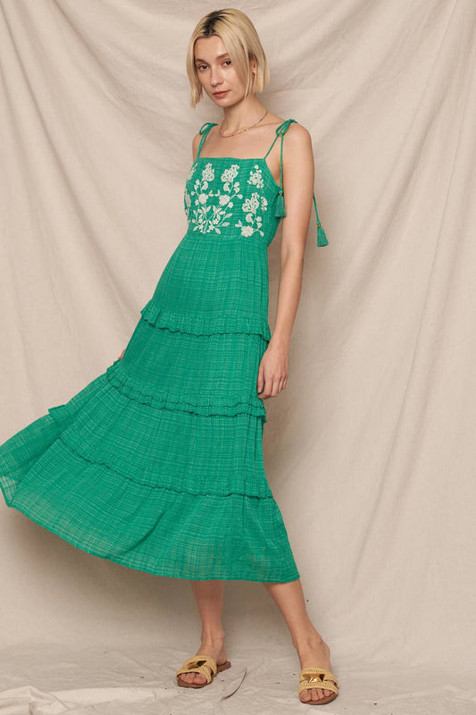 Tie Shoulder Embroidered Dress