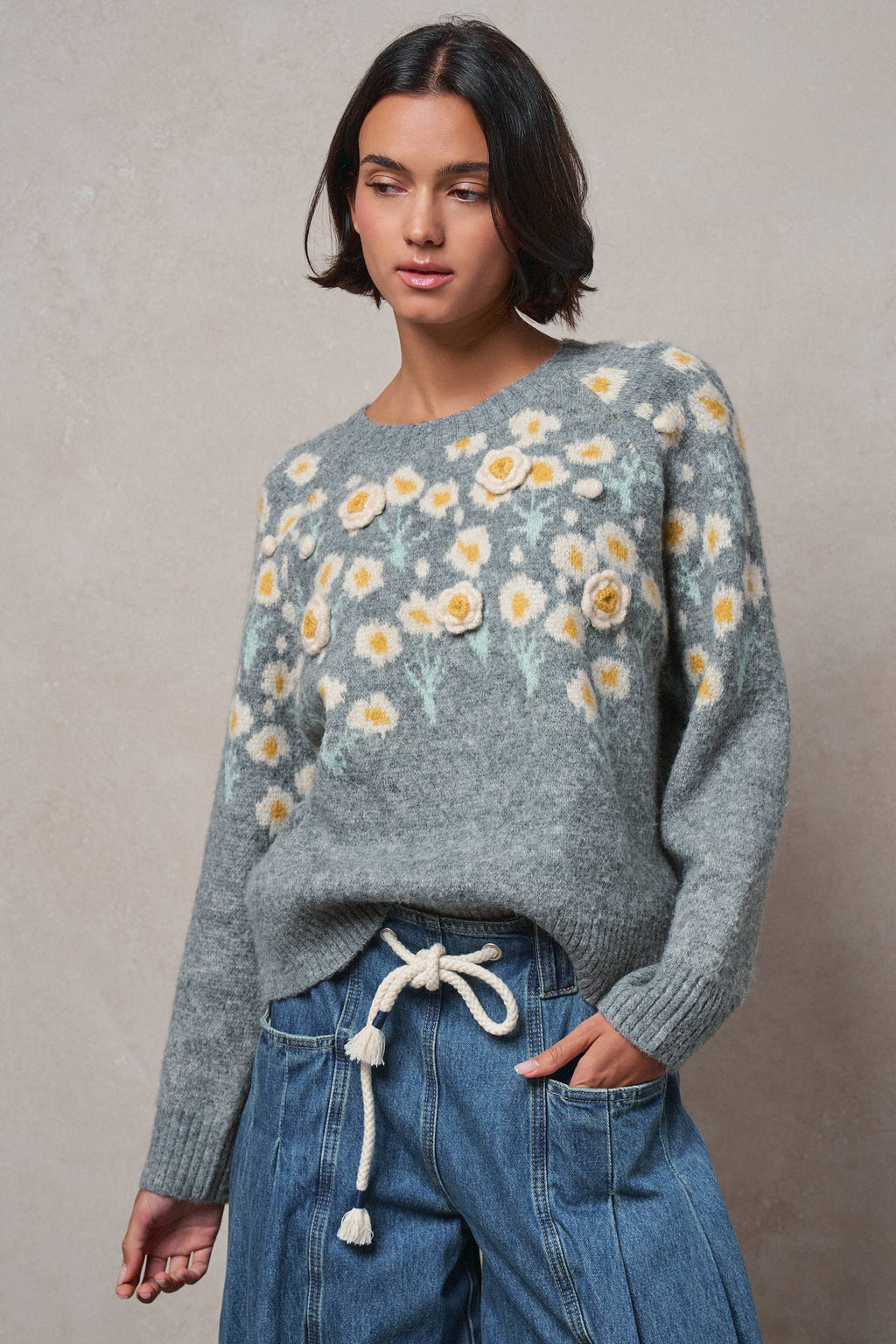 Daisy Embossed 3D Floral Knit Sweater