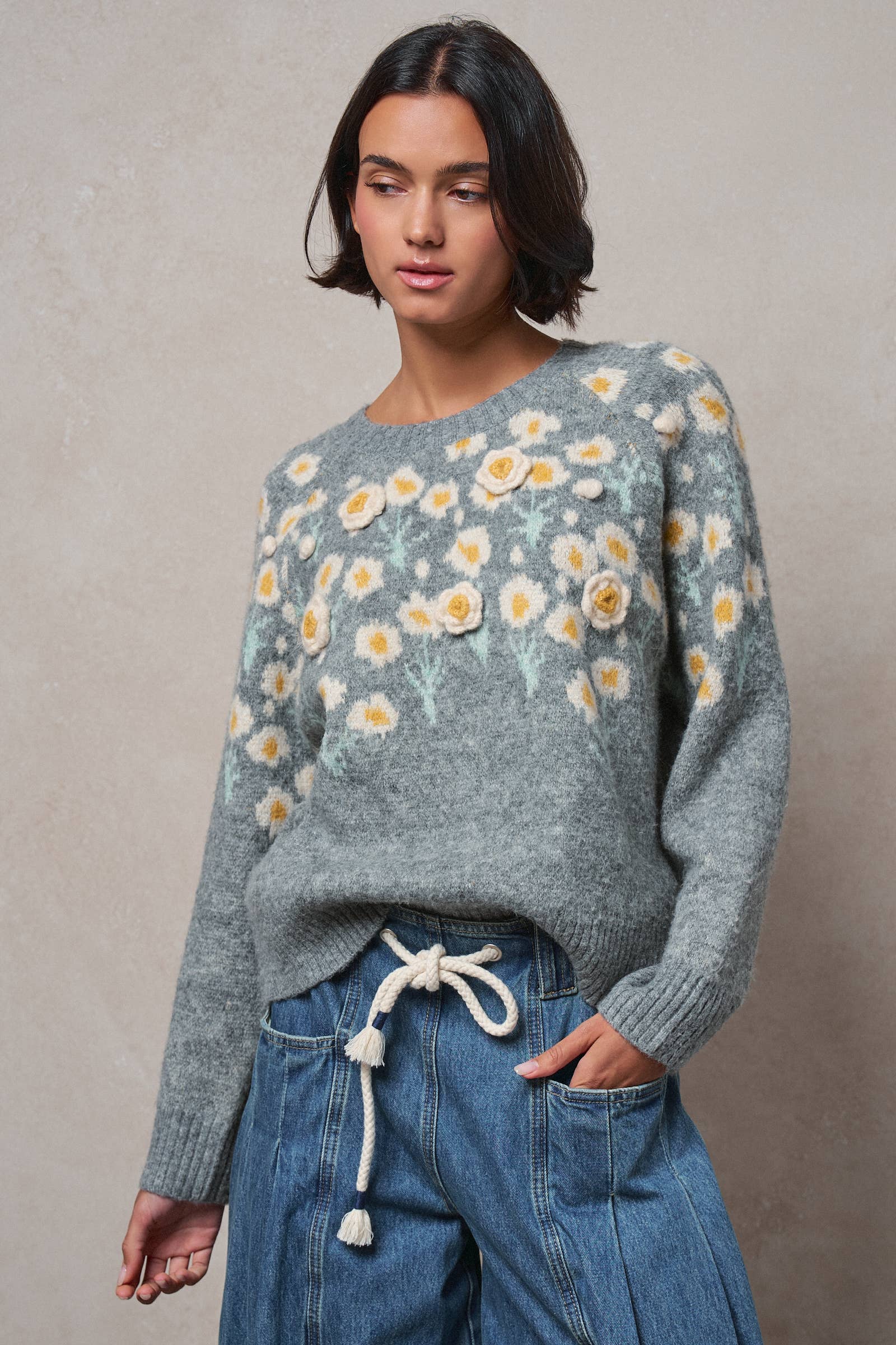Daisy Embossed 3D Floral Knit Sweater
