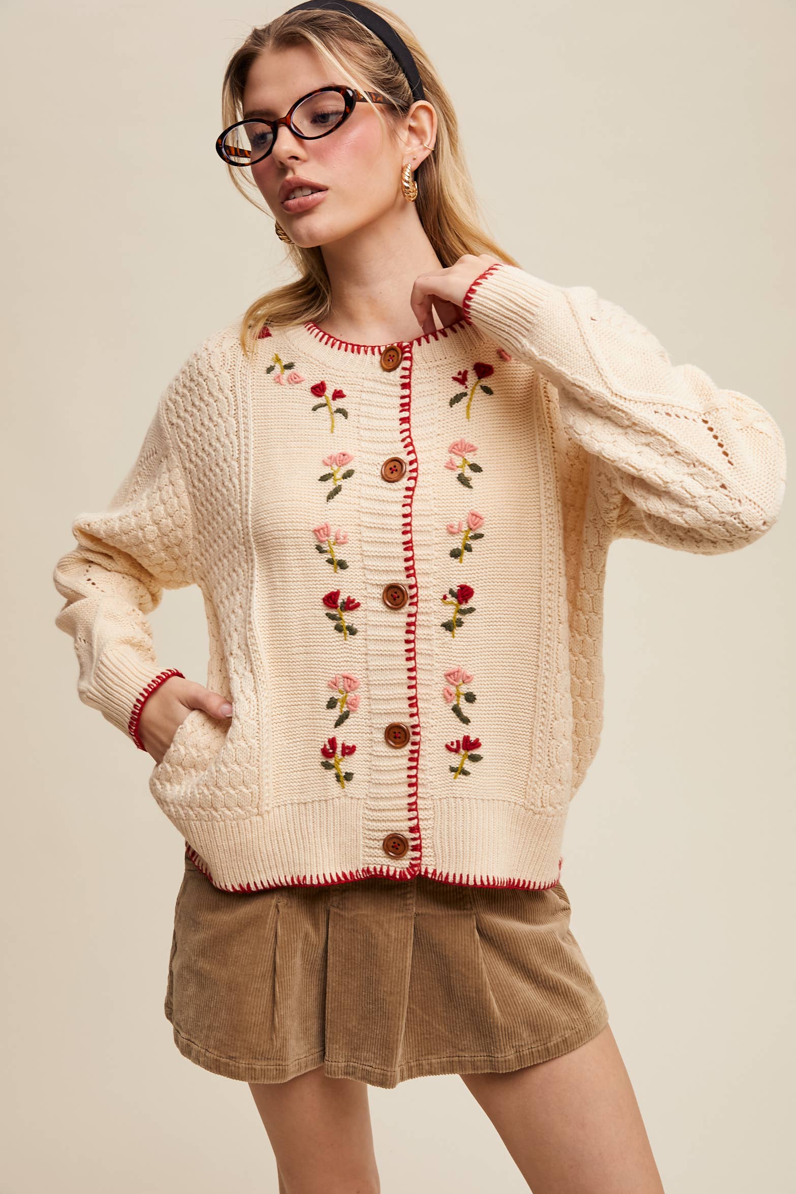 5678 Floral Embroidered Button-Up Cardigan