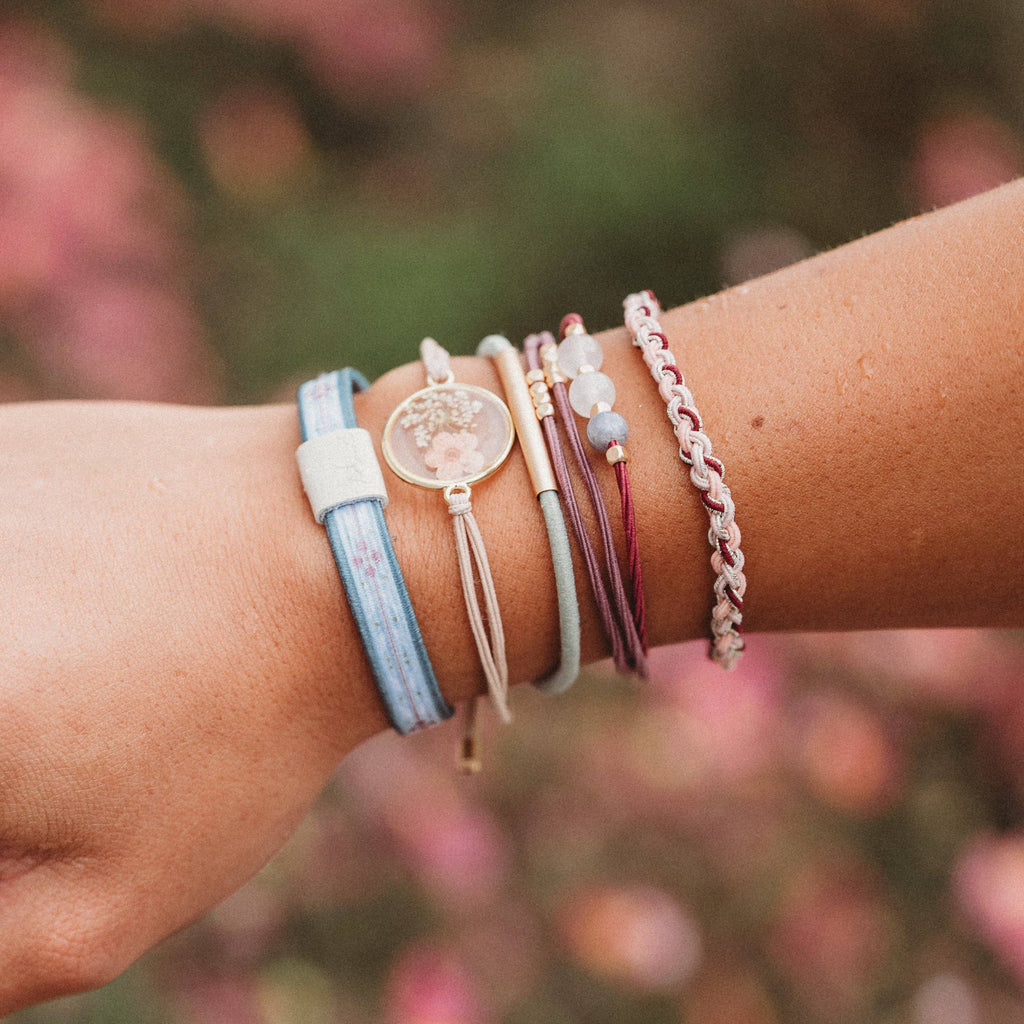 "Bloom" Maroon & Pink with Pressed Flowers Hair Tie Bracelets
