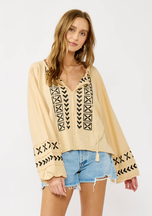 Embroidered Dolman Sleeve Split Neck Knit Top