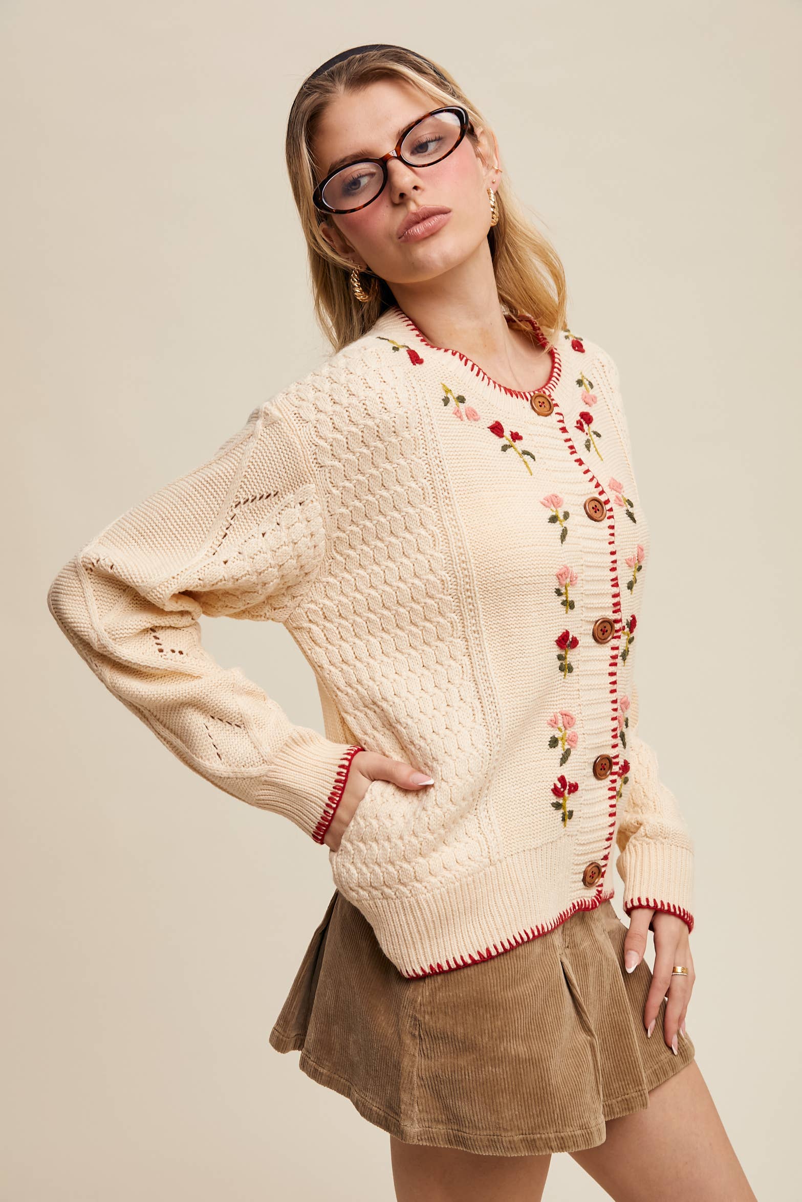 5678 Floral Embroidered Button-Up Cardigan