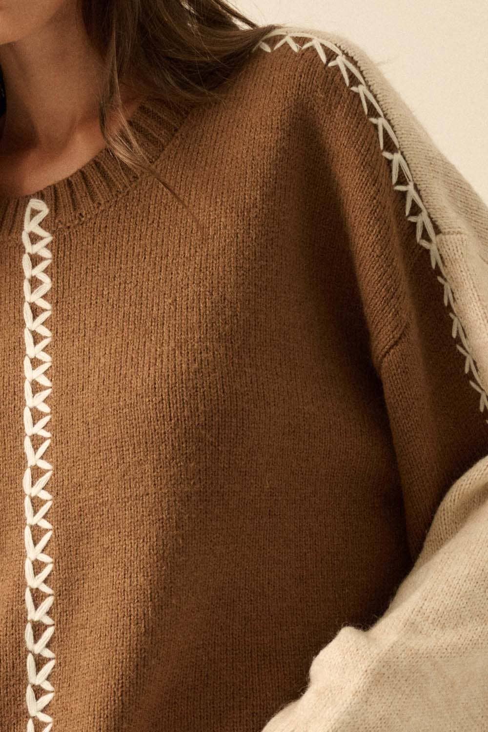 Colorblock Knit Stitched Loose-Fit Sweater