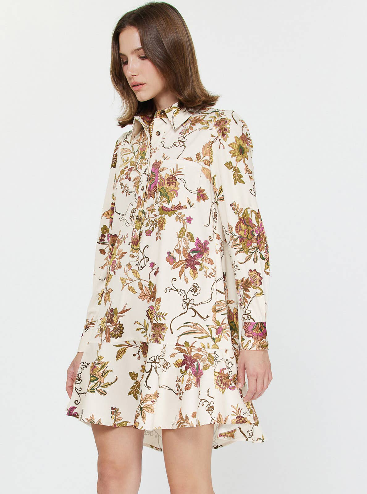 Floral Printed Shirt Collar Mini Dress