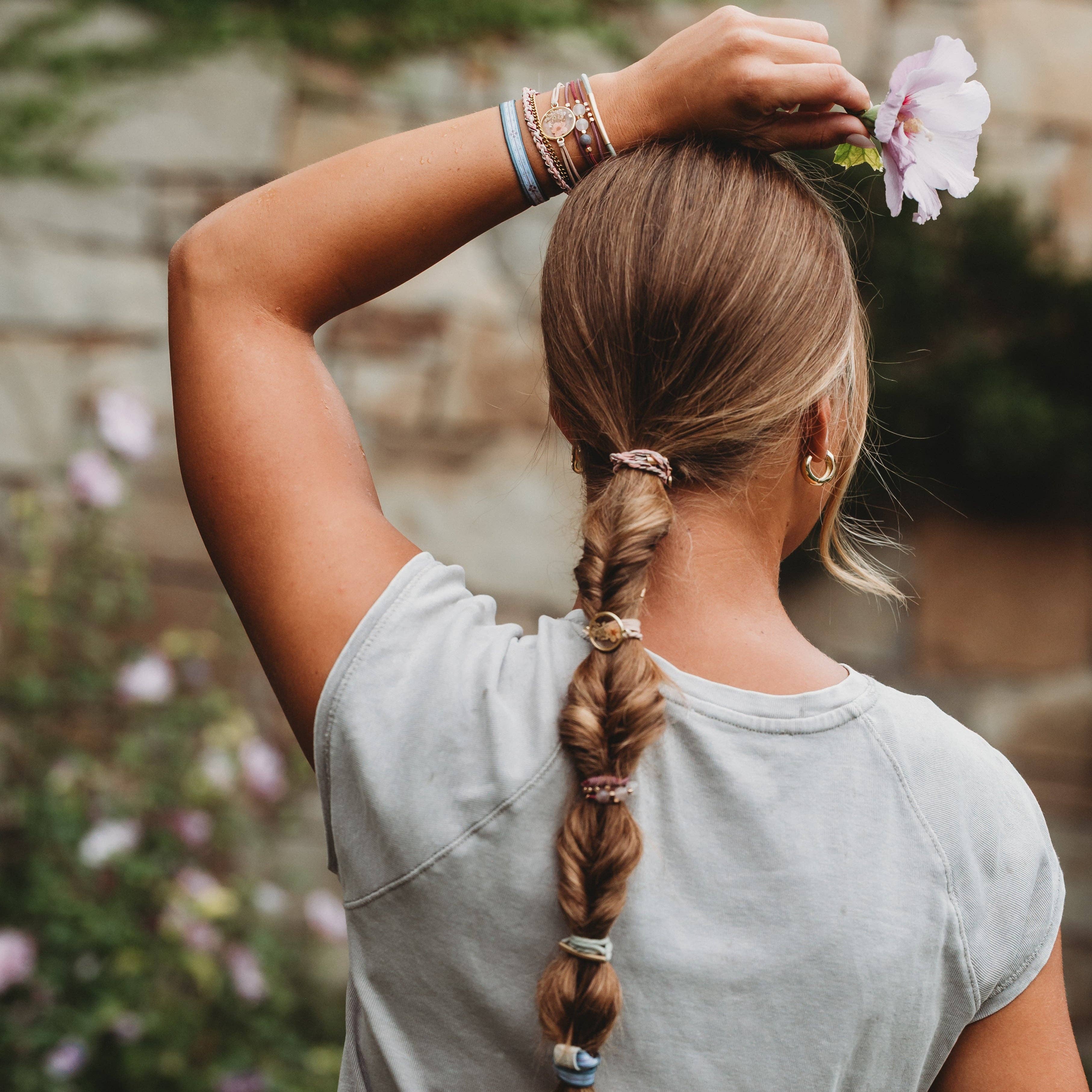 "Bloom" Maroon & Pink with Pressed Flowers Hair Tie Bracelets