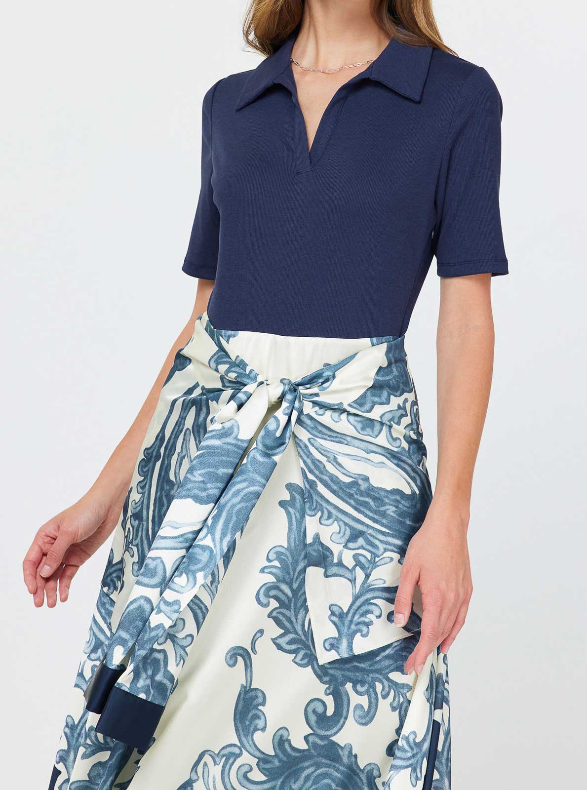 Polo Knit Top Midi Printed Dress W/faux Sleeve Tie by Current Air